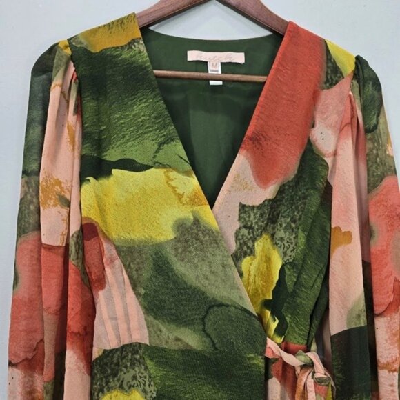 Anthropologie Hutch Geo Maxi Wrap Dress M Multicolor Balloon Sleeve Ruffle Boho - Picture 2 of 12